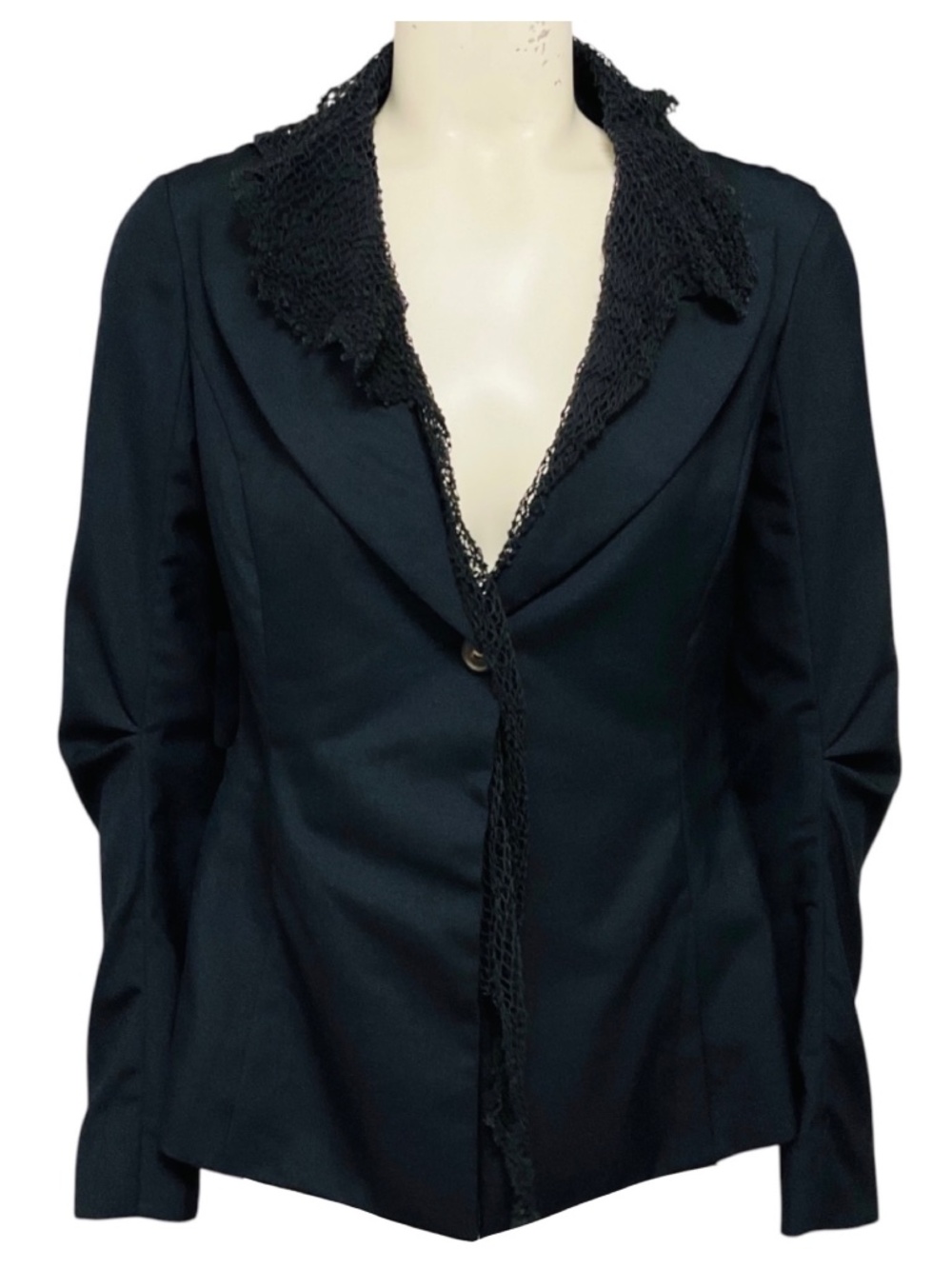 NINA RICCI NAVY BLUE LACE TRIMMED ONE BUTTON BLAZER JACKET